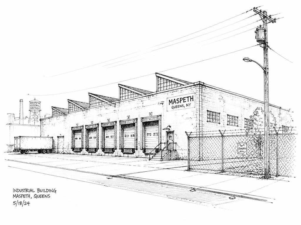 Ink sketch of a Maspeth warehouse building
